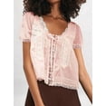 thumbnail image 4 of Women Tie Front Lace Trim Top Sheer Short Sleeve Scoop Neck Button Shirt Y2k Ruffle Flowy Boho Crop Tops Pink S, 4 of 7