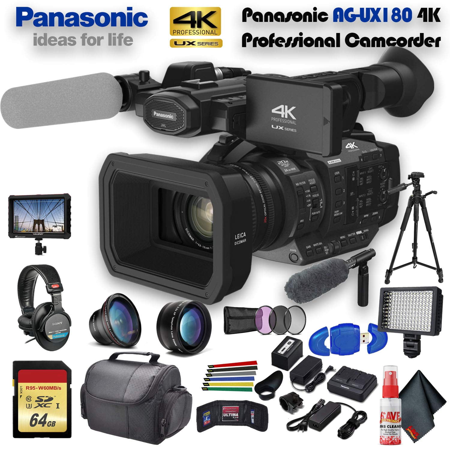 More Panasonic AG-UX180 4K Premium Professional Camcorder Bundle with Sony 128GB SDXC Memory Card UV Filter 