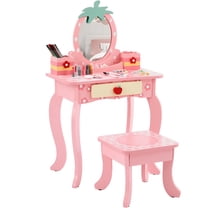 iRerts Kids Vanity Table and Chair Set, Princess Girls Vanity Set with Stool, 1-Drawer, 2 Desktop Storage Boxes, Cute Apple Print, Wooden Kids Vanity Set for Toddler, Pink