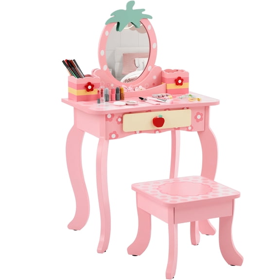 iRerts Kids Vanity Table and Chair Set, Princess Girls Vanity Set with Stool, 1-Drawer, 2 Desktop Storage Boxes, Cute Apple Print, Wooden Kids Vanity Set for Toddler, Pink