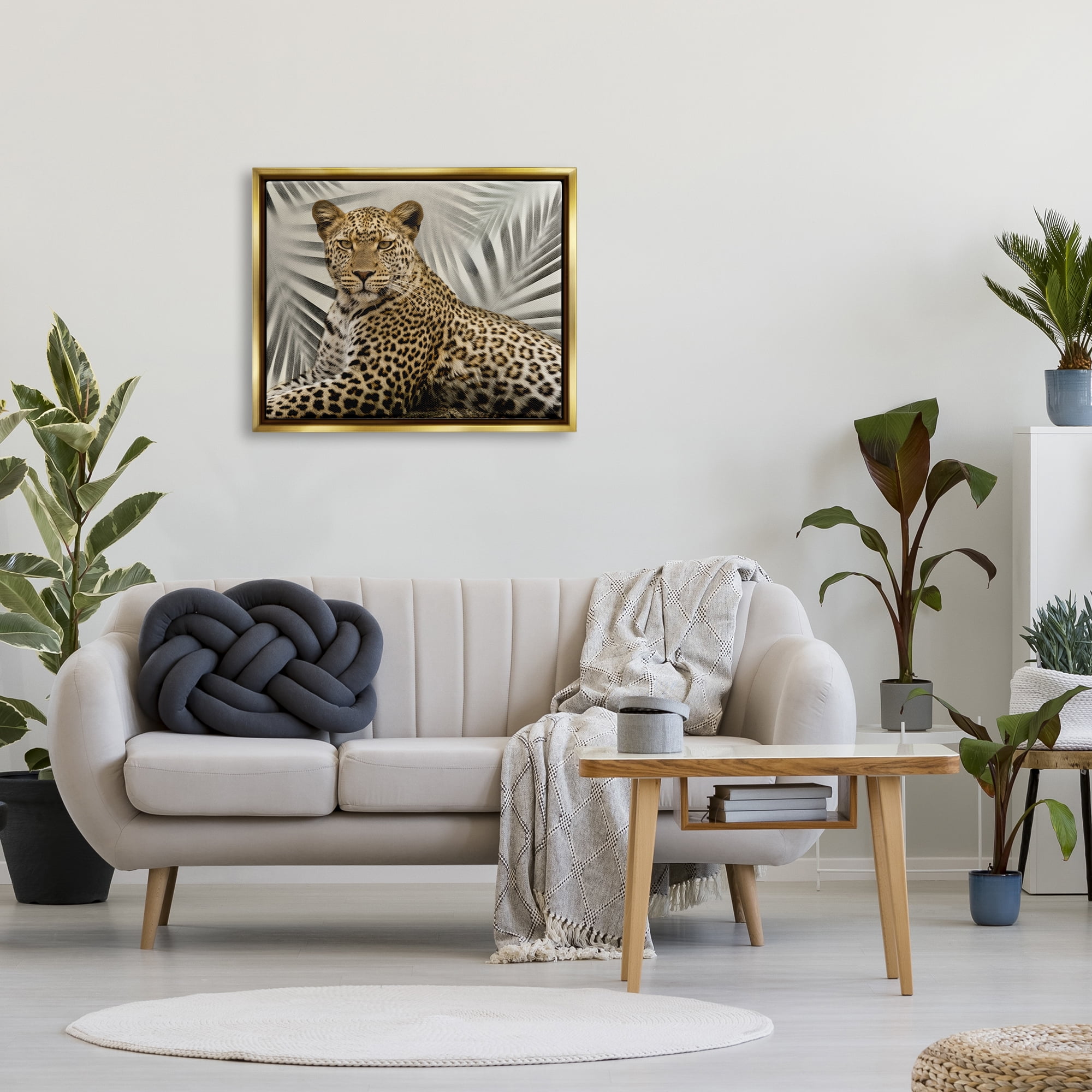 Stupell Industries Leopard with Palm Fronds Animals & Insects Painting Gold Floater Framed Canvas Art Print Wall Art, 31 x 25