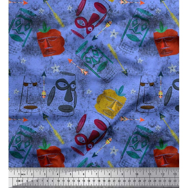 Soimoi Crepe Silk Fabric Arrow & Mask African Print Fabric by the Yard 42 Inch Wide