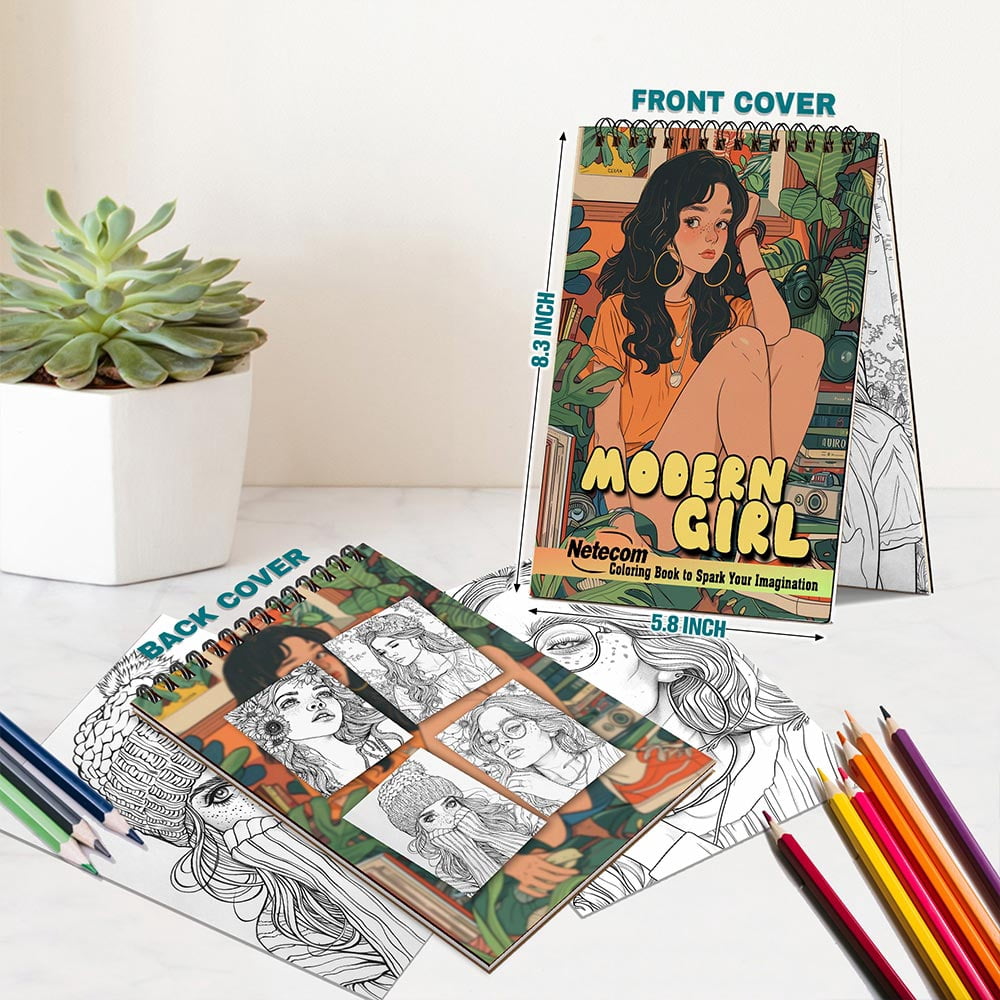 Netecom Modern Girl Coloring Book for Women, A5 Wooden Cover, 30 Portrait Coloring Pages of Contemporary Girls for Stress Relief and Relaxation, Spiral Bound Edition