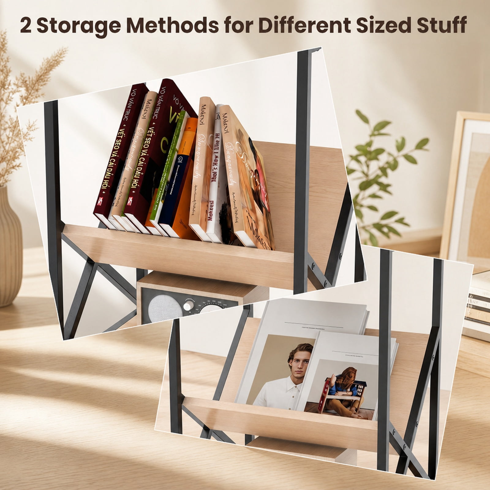 Furnibear 3-Tier Industrial Side Table with V-Shaped Bookshelf Magazine Holder and Steel Frame for Living Room and Bedroom, Natural