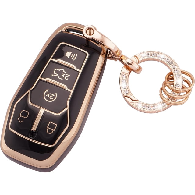 HAHDAXIA pour Ford Key Fob Cover Soft TPU Full Protection Smart Key Case Shell with Bling Keychain Fit for Ford F150 Explorer Mustang Edge Lincoln MKZ MKX MKC 5 Buttons Smart Key Case Holder(R