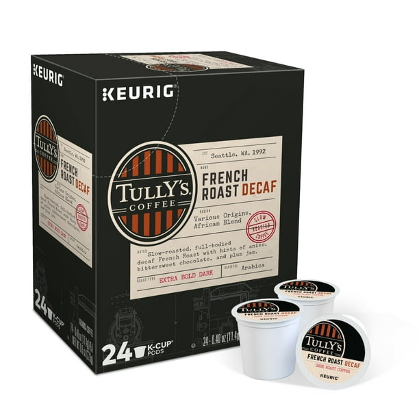 Tully's Coffee Decaf French Roast KCup Pods, Dark Roast, 24 Count for