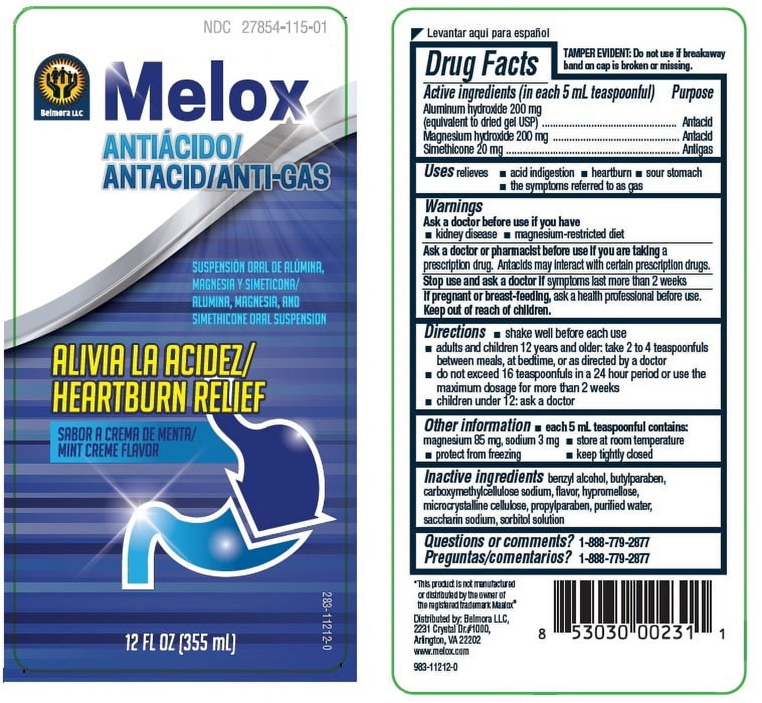 Melox Regular Strength Antacid Liquid for Heartburn Relief, 12 fl oz (355ml)