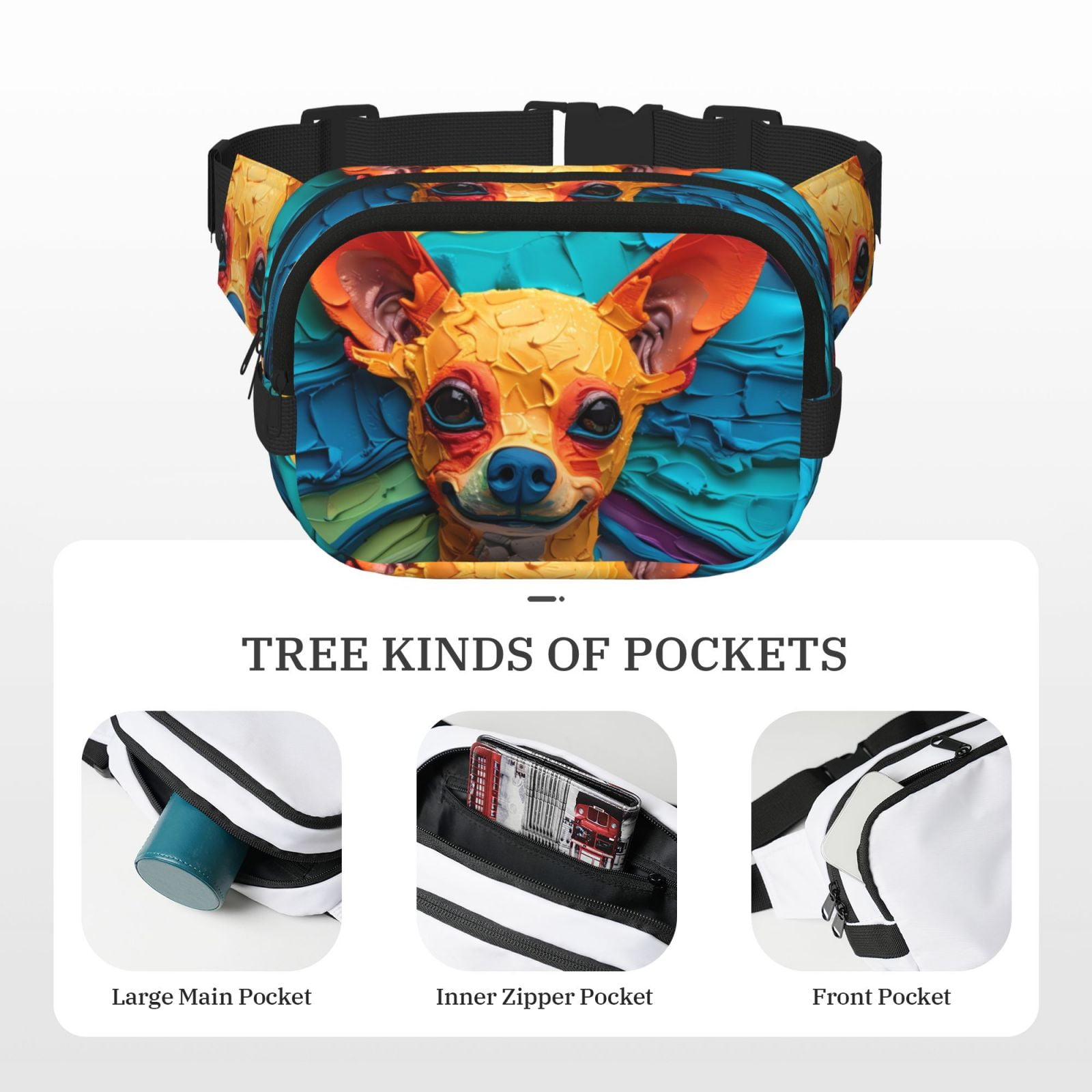 Picia Colorful Textured Chihuahua Print Square Double-Layer Waist Bag Mini Adjustable Waist Belt Bag Exercise Running Travel Hiking