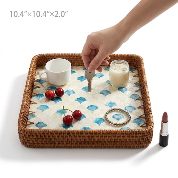 Square Keys Tray Woven Decorative Tray with Shell Inlay Woven Coffee Table Centerpiece Decor Bathroom Storage Holder for Living Room Dining Room Vanity