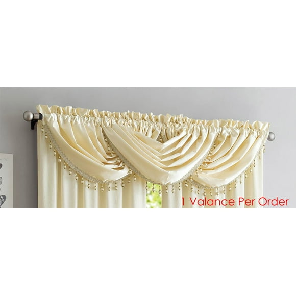 Bridget Crushed Satin Waterfall Valance With Decorative Fringe, Ivory, 48x37 Inches