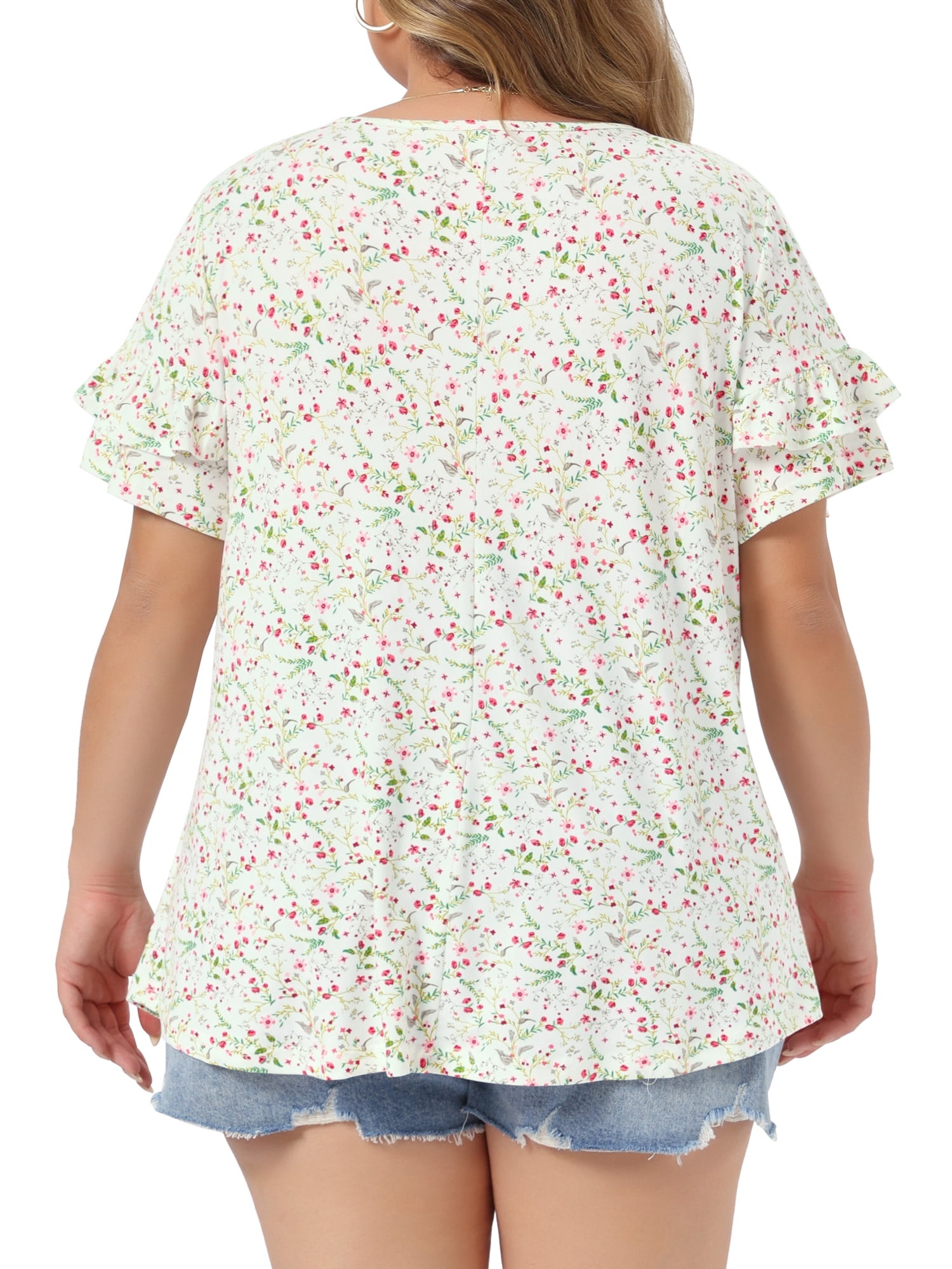 DARING DIVA Women's Plus Soft Tops V Neck Ruffle Sleeve Floral Casual Blouses 3X White