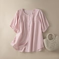 thumbnail image 2 of Limited Time Deal kttectoa Button Up Pleated Loose Curved Hem Blouses Shirts for Women Solid Tee Tops Short Sleeve Round Neck Blouse Tops for Women Holiday Gift Running Errands, 2 of 4