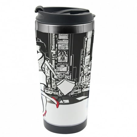 

Black and White Travel Mug Shopper Girl NYC Steel Thermal Cup 16 oz by Ambesonne