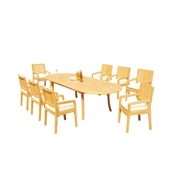Grade-A Teak Dining Set: 8 Seater 9 Pc: 118" Oval Table And 8 Maldives Arm Chairs Outdoor Patio WholesaleTeak #51ML2609