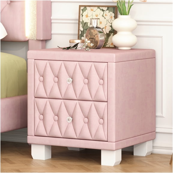JERFIT Pink Velvet Nightstand with Crystal Knobs, Button Tufted Bedside Table with 2 Storage Drawers for Bedroom