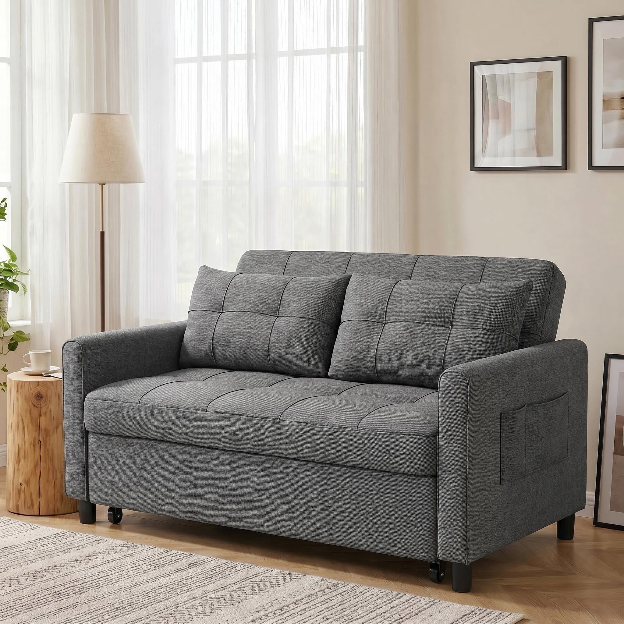Lofka Futon Sofa Bed, 3 in 1 Convertible Recliner Sleeper with Adjustable Backrest, Pull Out Couch for Apartment Studio House, Linen Fabric, Dark Gray
