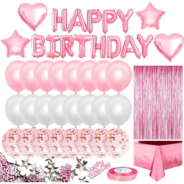 RV Decoración de Cumpleaños para Niña Globo Rosa, Pancarta de Feliz Cumpleaños, Mantel de Cortina con Flecos, Globo de Cumpleaños de Estrella de Corazón Blanco Rosa, Confeti de 10g para Mujer - Decora