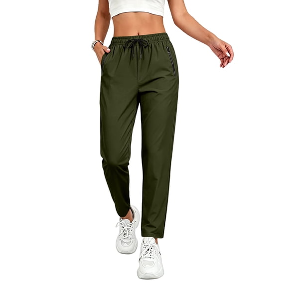 IYYVV Stretch Active Pants for Women Comfy Fit Quick Dry Athletic Pants Running Hiking Joggers with Zipper Pockets Army Green XL