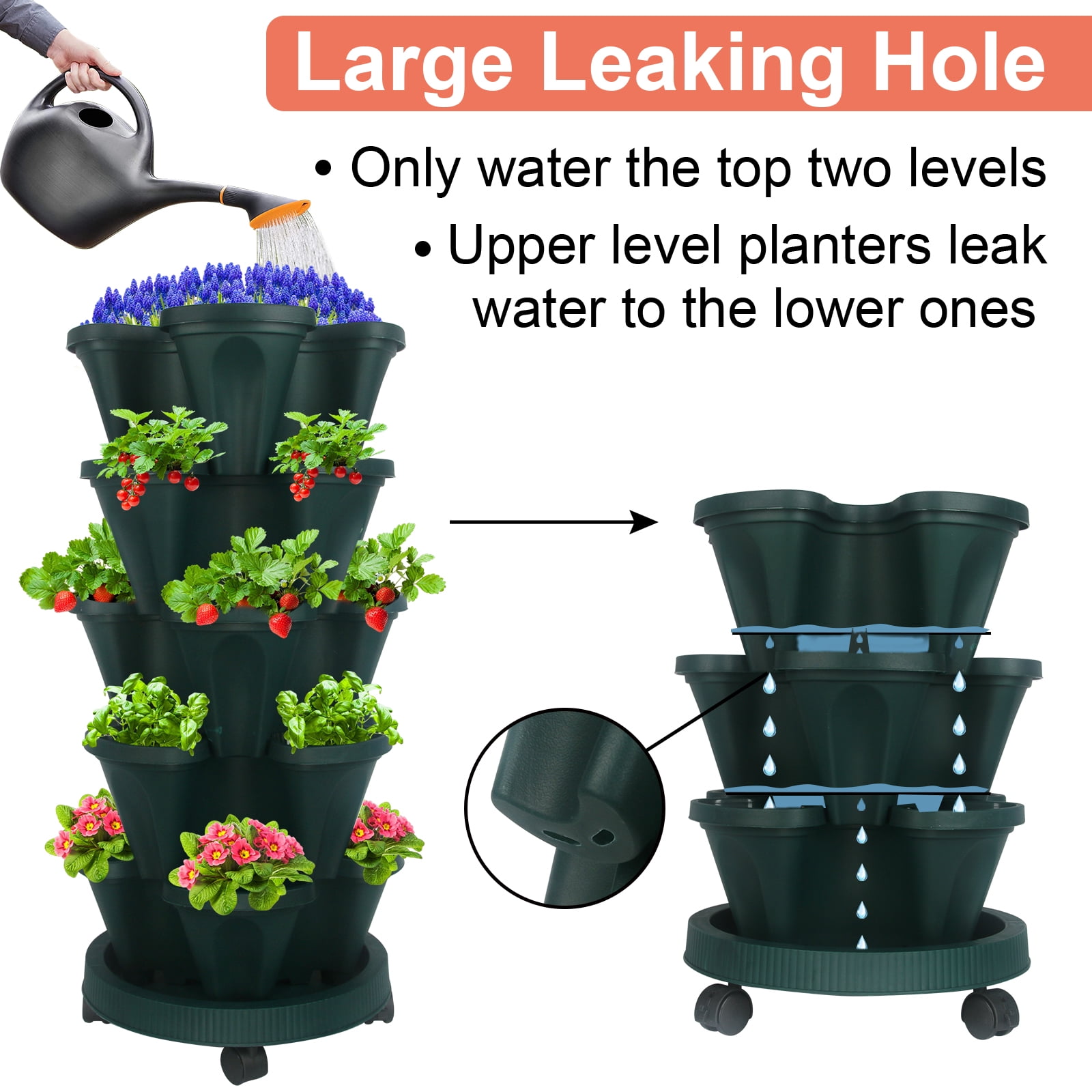 Gamexcel 5 Tier Stackable Tower Planter for Strawberry, Herb, Flower, and Vegetable - Vertical Garden Indoor/Outdoor Planter,Pine Green