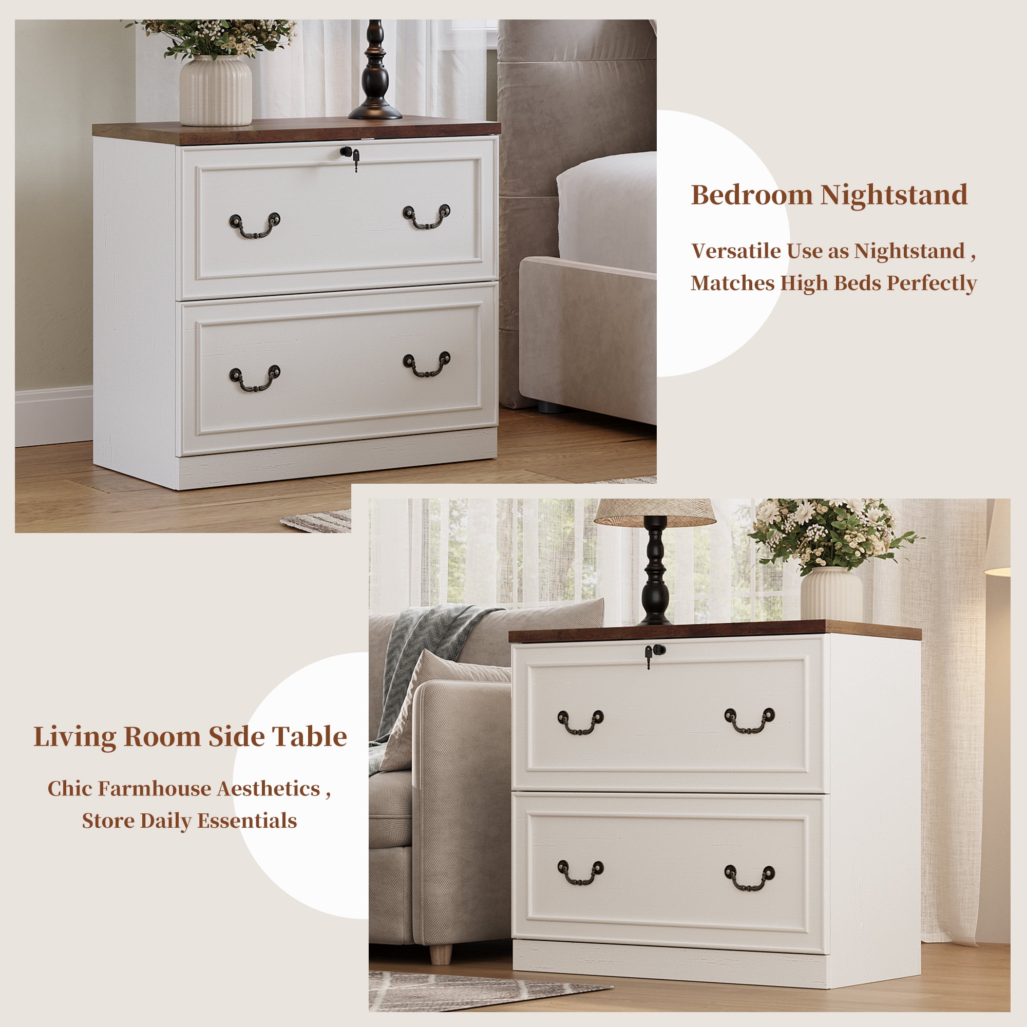 HMstone Farmhouse File Cabinet with Lock, 2 Drawer Lateral File Cabinet for Printer Stand, Large Wood Filing Storage Cabinet for Home Office, Fits A4/Letter Size Files, White