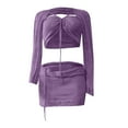 thumbnail image 4 of Jinhomg Womens Knit Dress Sets Trendy Tie Front Long Sleeve Crop Tops with Slim Fit Bodycon Mini Skirt 2 Piece Sweater Skirts Outfits Set Purple M, 4 of 6