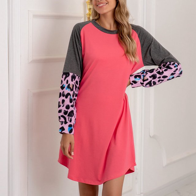 Women Short Dress, Fashionable Stitching Stylish Color Block Loose Fit Dress Round Neck For Lady For Shopping ANGGREK L rojo