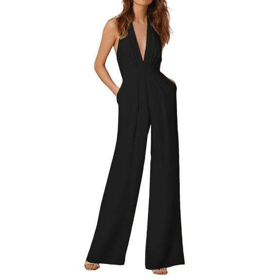 GILIGEGE Sleeveless Jumpsuit Wrapped V Neck Elegant for Womens Halter Dressy Casual Wide Leg Pant 2025 One Piece Romper Outfits Women's Sleeveless Deep V Halter Neck Backless Waist Jumpsuit Black L