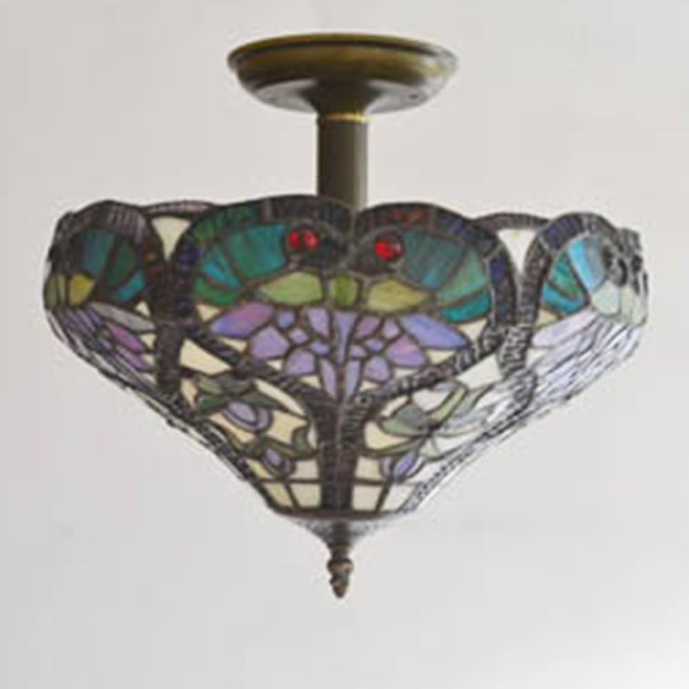 Kiven 13.8in Plug-in Flush Mount Ceiling Light Fixture, 3-Light Anti Glare Close to Ceiling Light with 15FT Cord, Tiffany-Style Glass Chandelier Dimmable for Bedroom Kitchen Hallway(No.3213)