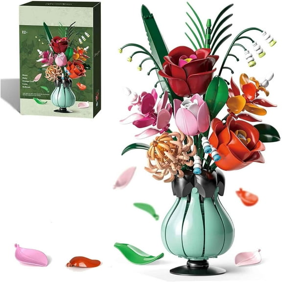 Flower Bouquet Building Set with Vase, 566PCS Rose Botanical Collection Flowers Building Kit, Ideal Creative Home Office Decor, Gifts for Mom Family and Girlfriend