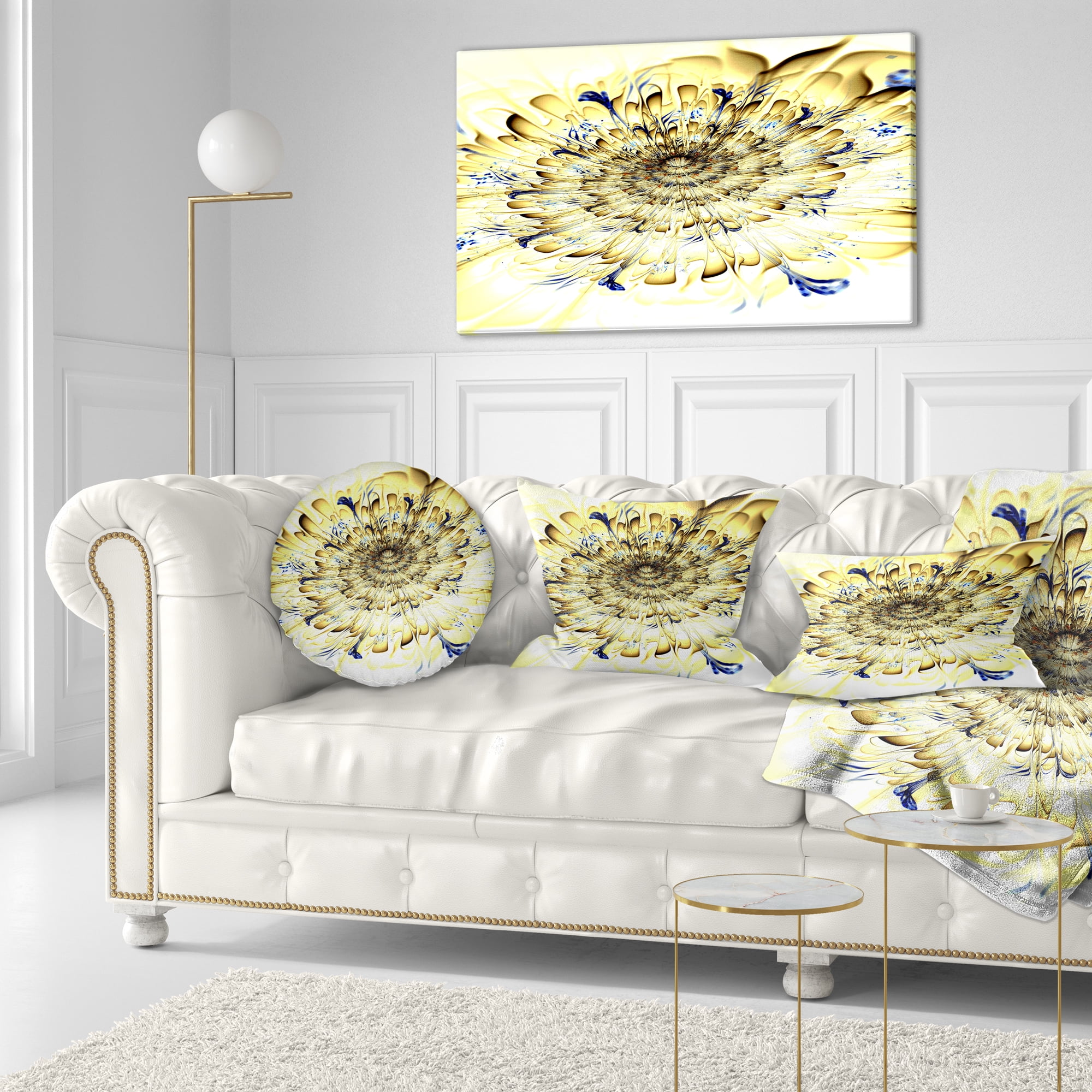 Designart Light Yellow Digital Art Fractal Flower - Floral Throw Pillow - 12x20