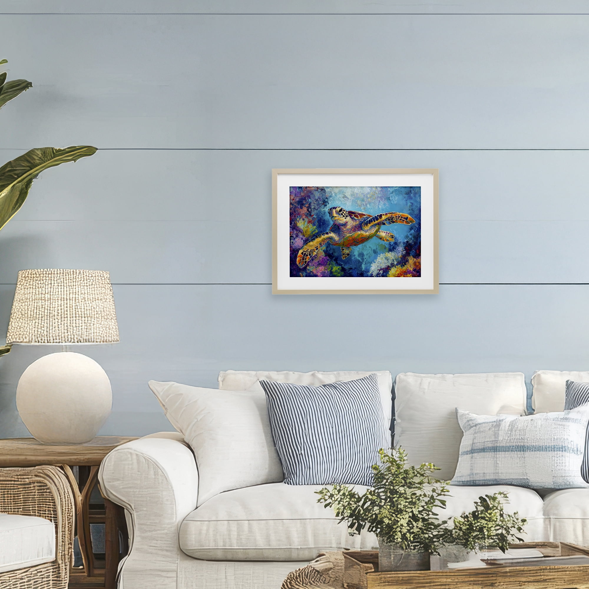 Stupell Industries Colorful Sea Turtle over Coral Birch Framed Print Under Glass, design by Petal Prints Design