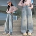 thumbnail image 5 of YMNXA Children Kids Girls Denim Pants Elastic Waist Wide Leg Straight Fit Appliques Comfortable Fashion Jeans Trousers With Pockets For Daily Wear,Light Blue,5-6 Years, 5 of 9