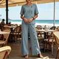 thumbnail image 5 of Jogger Sets for Women 2 Piece Womens Solid Color Casual Vacation Linen Outfit Button Short Sleeve Blouse Wide Leg Pants Set Summer Travel Wear Light Blue XL, 5 of 7