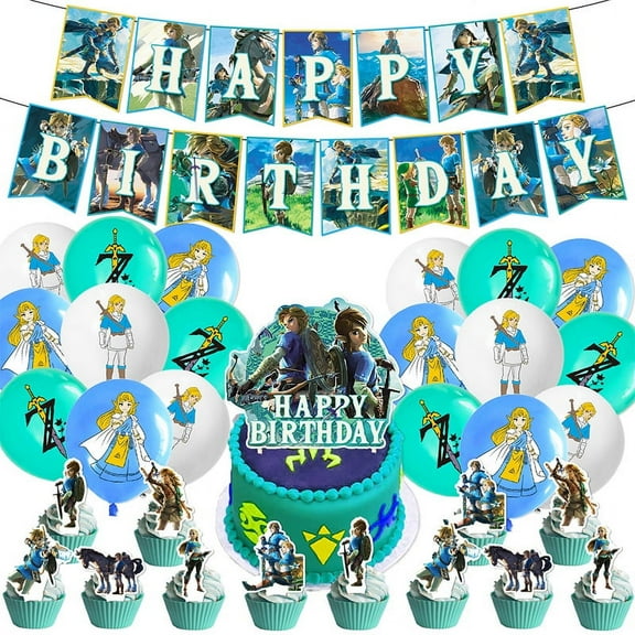 The Legend of Zelda Themed Birthday Party Decor Supplies Kits, Including Banner, Balloons, Cake Toppers, Cupcake Toppers.