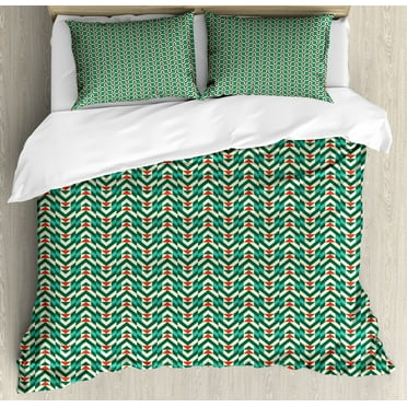 Geometric Queen Size Duvet Cover Set, Herringbone Pattern with Angled Stripes and Rhombuses Triangles, Decorative 3 Piece Bedding Set with 2 Pillow Shams, Vermilion Fern Green Beige, by Ambesonne