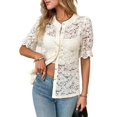 thumbnail image 3 of Camisa Informal de Encaje con Mangas Abullonadas y Cuello Redondo con Ojales para Mujer, Color Albaricoque XL, 3 of 9
