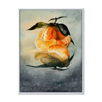 Designart 'One Peeled Fresh Orange Mandarin Under Green Leaves' Traditional Framed Canvas Wall Art Print