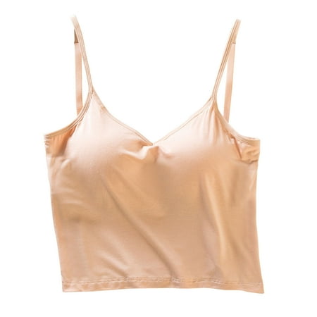 UYISJ Womens Tank Tops Adjustable Spaghetti Strap V Neck Crop Tops with Built in Bra Casual Soft Stretchy Modal Cami Solid Color Casual Lounge Basic Layer Padded Tops Beige XL
