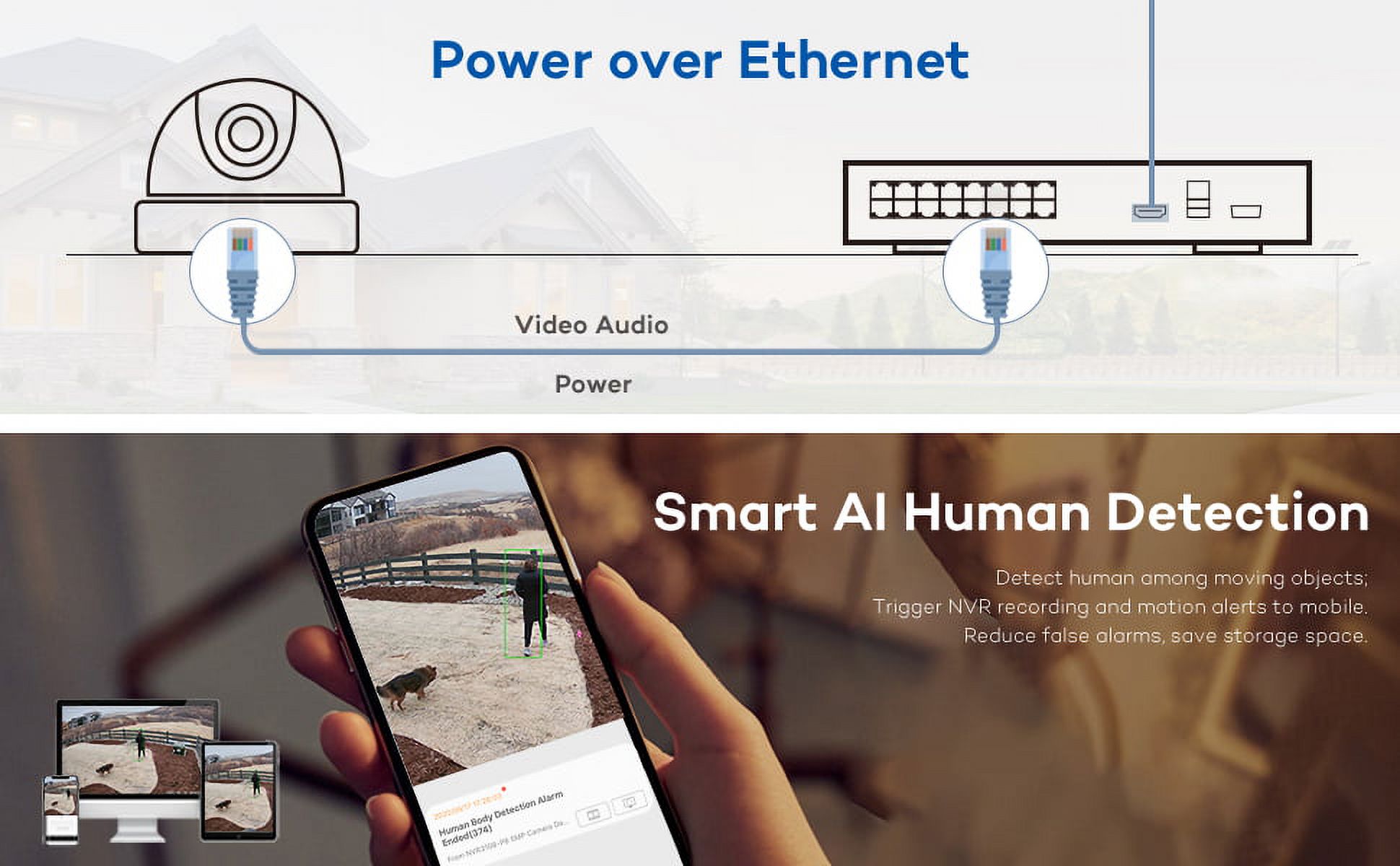 ONWOTE Super HD PoE IP Security Camera with Audio, Smart AI Human Detection, 2592 x 1944 5 Megapixels, Indoor/ Outdoor, 100ft IR, Wide View Angle, IP66, Add on Camera