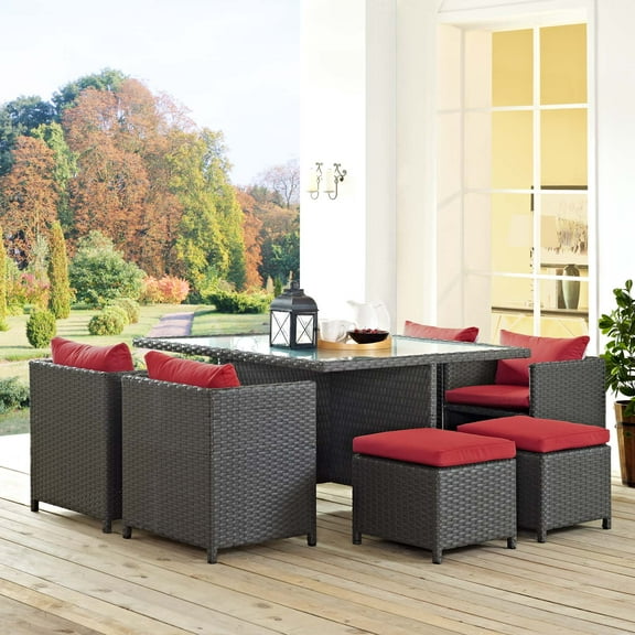 Modway Sojourn 9 Piece Outdoor Patio Sunbrella® Dining Set in Canvas Red