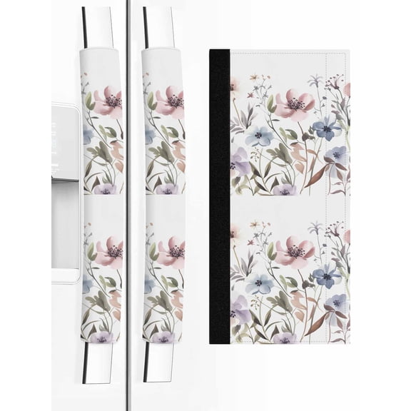 Botanical Flowers Refrigerator Door Handle Covers Set of 2, Watercolor Farmhouse Floral Herbs Kitchen Fridge Microwave Oven Dishwasher Stove Cabinet Handle Protectors, Washable Appliance Decor