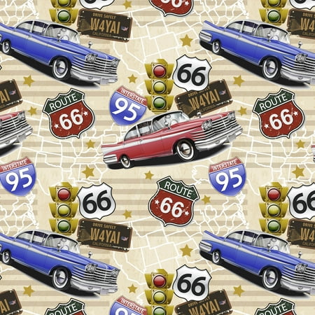 1 Yard 100% Cotton Route 66, Multi-color, 44" Wide for Quilting & Sewing by David Textiles