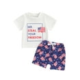 thumbnail image 2 of Aojekbee 4th of July Toddler Boys Outfits Letter Print Round Neck Short Sleeve T-Shirts Tops and Flag Print Shorts 2Pcs Clothes Set, 2 of 10
