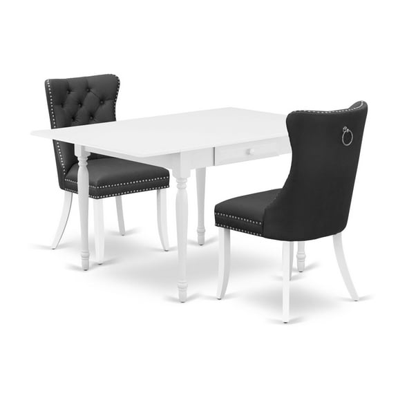 East West Furniture MZDA3-LWH-26 3 Piece Dining Table Set Includes a Rectangle Kitchen Table with Dropleaf and 2 Upholstered Parson Chairs, 36x54 Inch, linen white