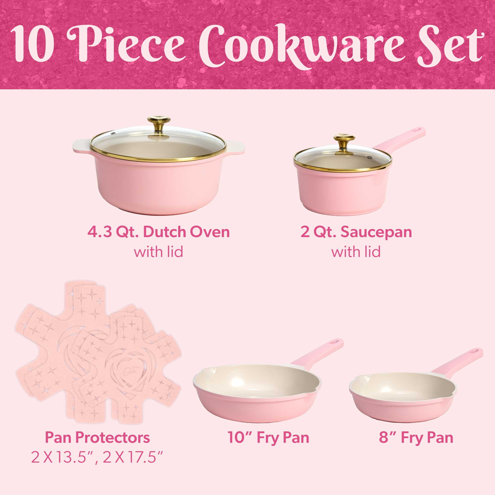 Paris Hilton PH11579-AS Clean Ceramic Nonstick Cast Aluminum Cookware Set with Heart Shaped Lid Knobs, Pink