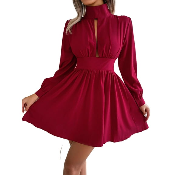 Solid Mock Neck Cutout Front Dress for Women Above Knee Length