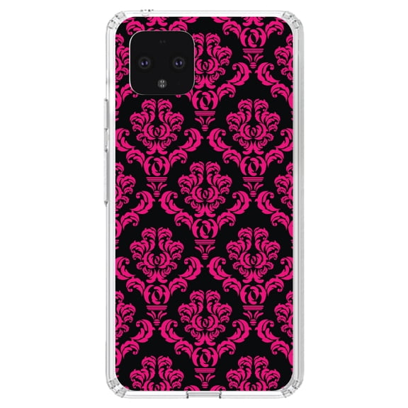 DistinctInk Clear Shockproof Hybrid Case for Google Pixel 4 (5.7" Screen) - TPU Bumper, Acrylic Back, Tempered Glass Screen Protector - Black Hot Pink Damask Pattern - Floral Damask Pattern