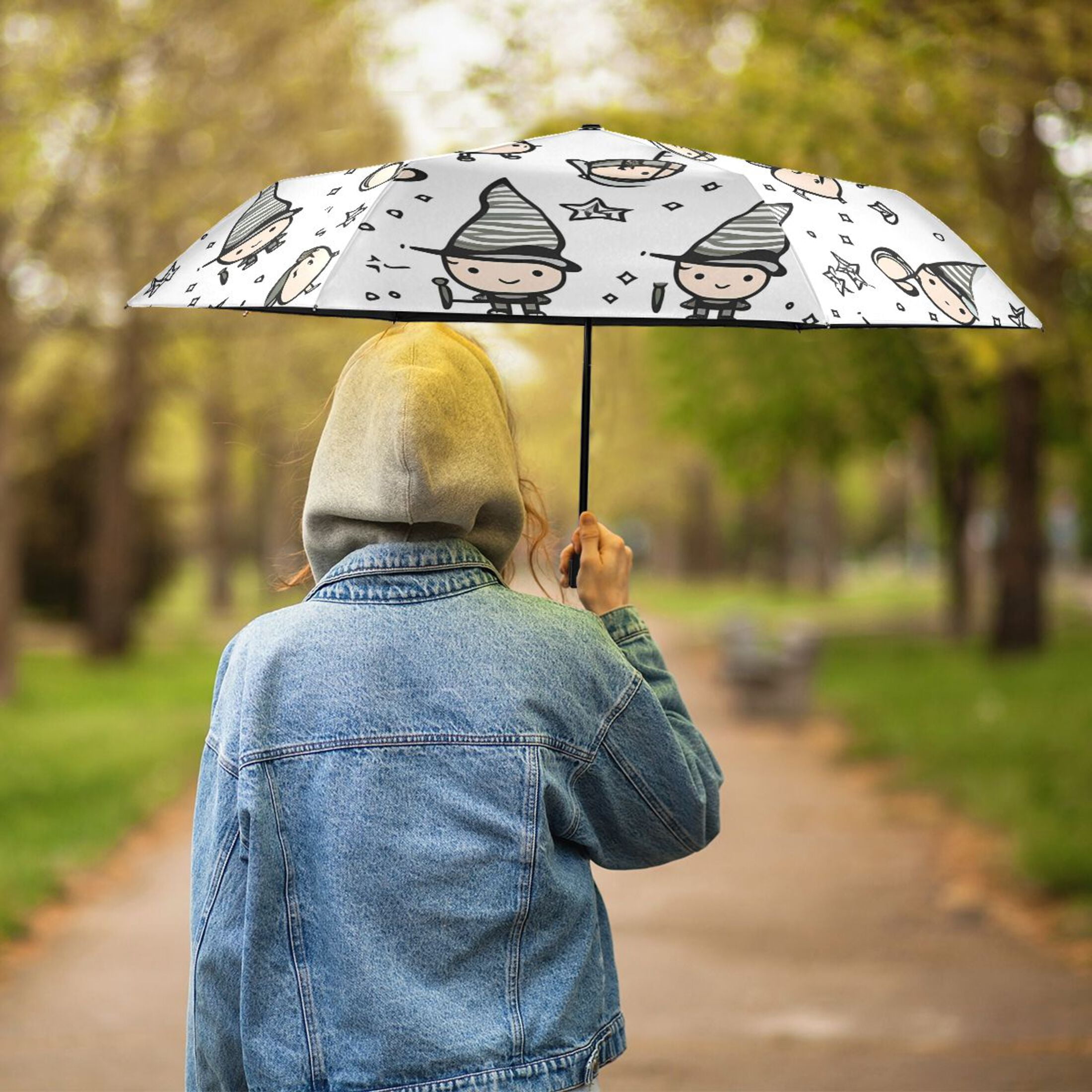 Character with Hat Compact Sun Umbrella Windproof Travel Umbrellas for Rain Strong Portable UV Protection
