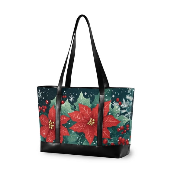 FORMRS Canvas Laptop Tote Bag for Women with 15.6" Computer Compartments Shoulder Handbag, Christmas Poinsettia