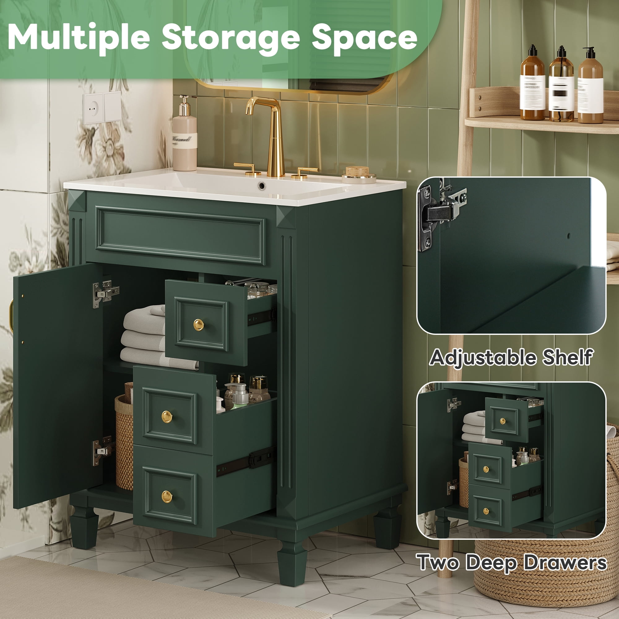 Euroco 24" Bathroom Vanity with Ceramic Sink, Small Bathroom Sink Cabinet, Modern Cabinet with 2 Drawers and Adjustable Shelf